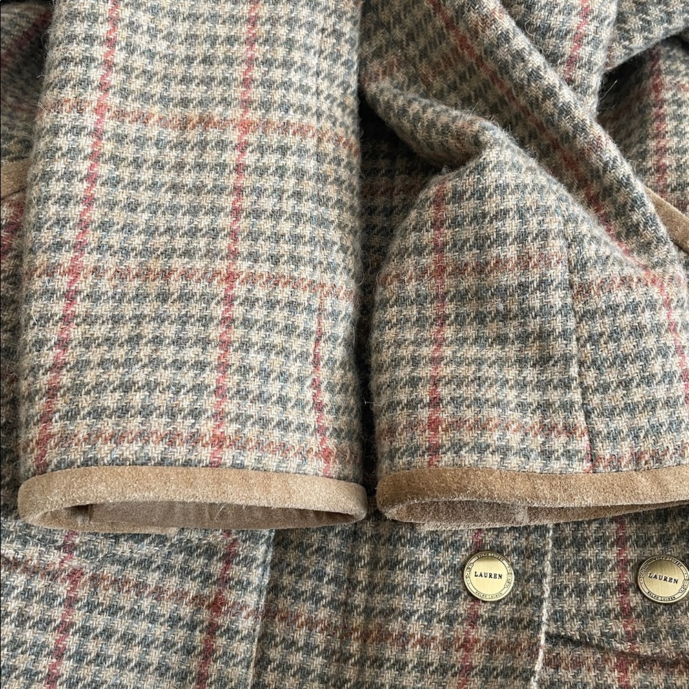 Vintage Lauren Ralph Lauren Houndstooth Wool Jacket Leather Trim Full Zip Sz S - Picture 8 of 12